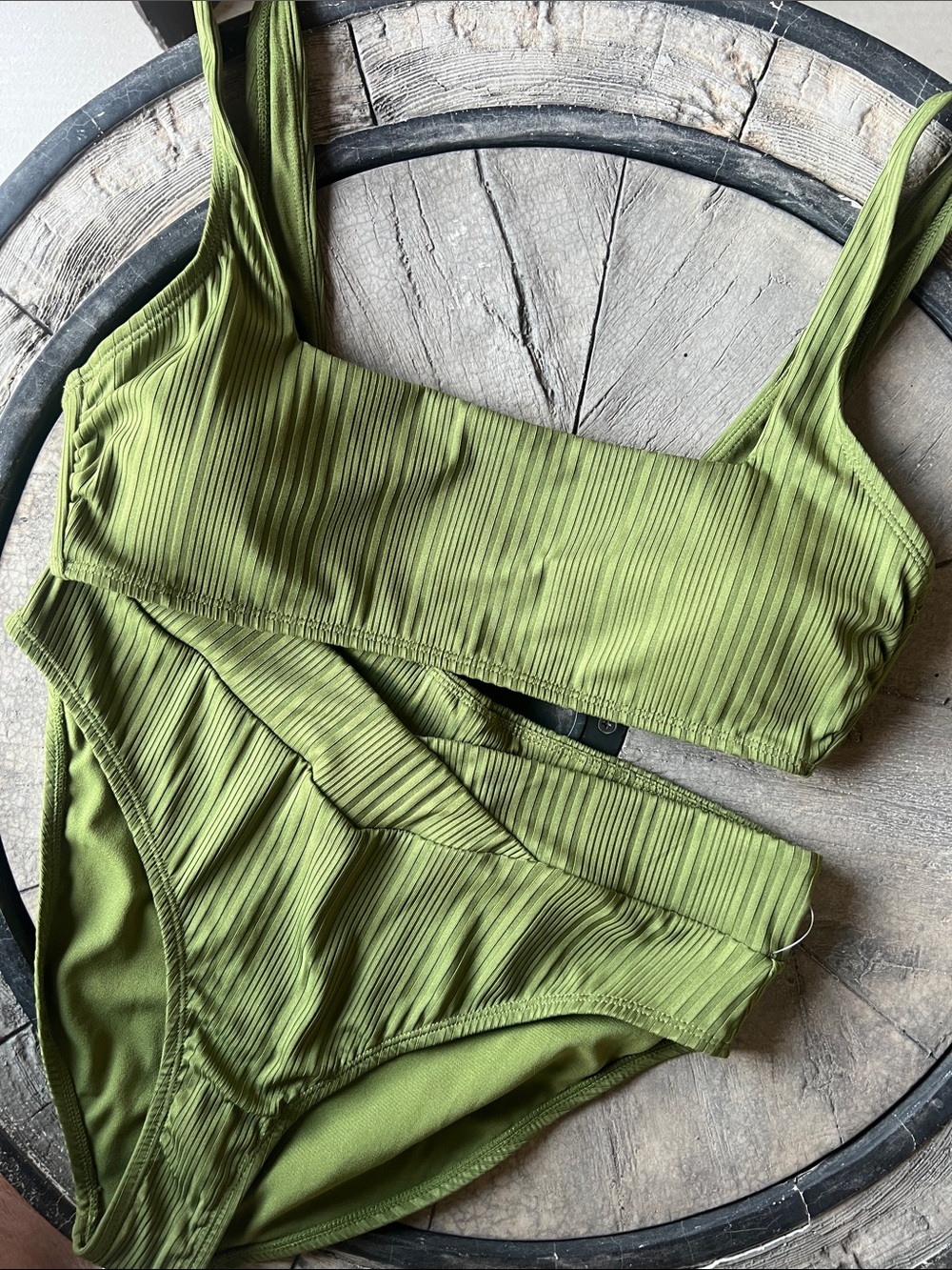 Amazing Olive Green Ribbed Scoop Bikini Set - Women's Swim XL B6